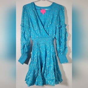 Lilly Pulitzer Heline Ruffle Dress Turquoise Oasis Viscose Metallic Dobby 0